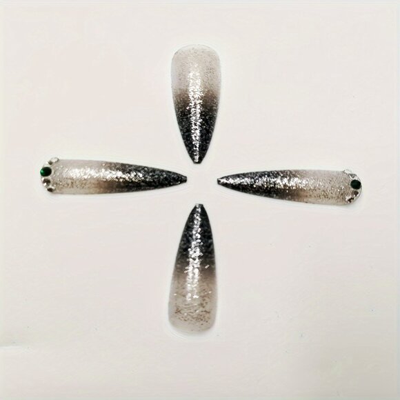 24 Pcs Black Gradient Glitter Stiletto Press-On Nails, Medium Length Drop Shape - Picture 4 of 6